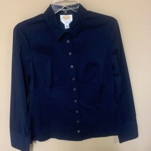 Size 10 Talbots Ladies Shirt 60% Cotton Button Long Sleeve Fitted Waist Navy